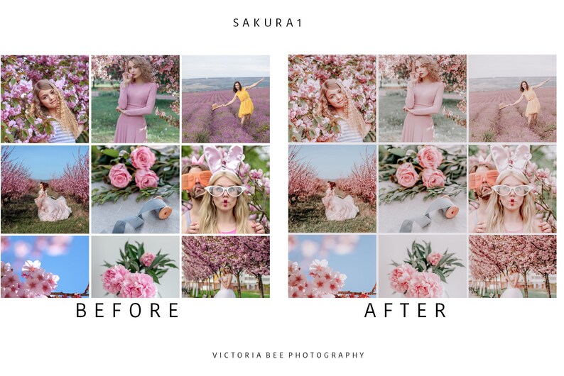 May include: A before and after image collage showcasing the effects of a photo editing filter. The left side shows the original image with a more natural look, while the right side shows the edited image with a soft, dreamy, and pink-toned aesthetic. The images feature a variety of scenes, including a woman in a pink dress, a girl wearing bunny ears, and a field of pink flowers.