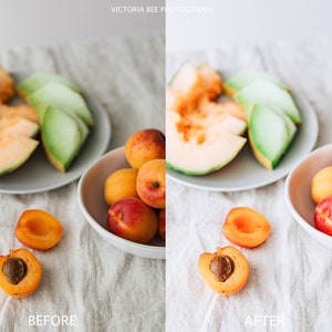 May include: A plate of cantaloupe melon slices and a bowl of fresh apricots on a white linen tablecloth.  The apricots are arranged in a bowl with a few cut in half.  The cantaloupe melon is arranged on a plate with a few slices of green melon.