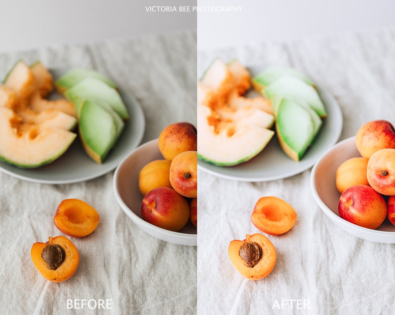 May include: A plate of cantaloupe melon slices and a bowl of fresh apricots on a white linen tablecloth.  The apricots are arranged in a bowl with a few cut in half.  The cantaloupe melon is arranged on a plate with a few slices of green melon.