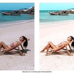 May include: A woman wearing a red and white striped bikini is relaxing on a wooden beach chair on a white sand beach. The beach is next to a turquoise ocean with a longtail boat in the distance.