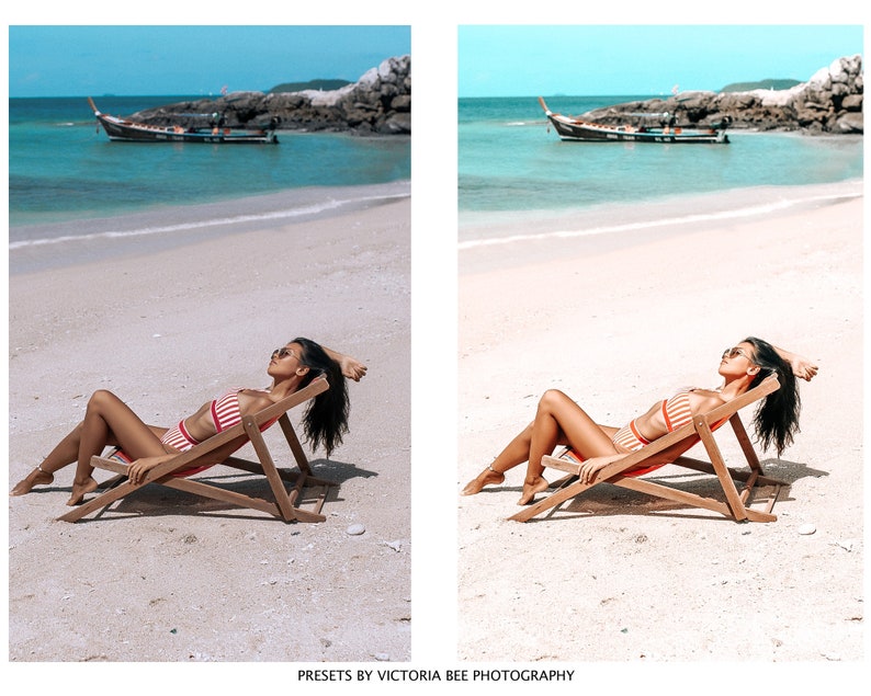 May include: A woman wearing a red and white striped bikini is relaxing on a wooden beach chair on a white sand beach. The beach is next to a turquoise ocean with a longtail boat in the distance.