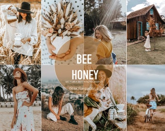 May include: A collage of images featuring a variety of lifestyle scenes, including a woman pouring coffee, a bouquet of dried flowers, a woman smiling, a wooden cabin, a woman walking, a woman sitting on a beach, a woman sitting on the ground, a woman with a dog, and a woman riding a bicycle. The text "BEE HONEY VICTORIA BEE PHOTOGRAPHY DESKTOP & MOBILE" is displayed in the center of the collage.