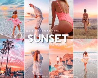 20 ajustes preestablecidos de Sunset Mobile Lightroom, ajustes preestablecidos de verano de Instagram, filtros de influencia para Blogger, atardecer en la playa, tonos cálidos de verano