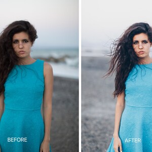 May include: A woman with long dark hair stands on a beach wearing a light blue sleeveless dress. The text "BEFORE" is below the image on the left and "AFTER" is below the image on the right.