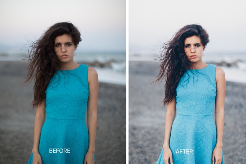 May include: A woman with long dark hair stands on a beach wearing a light blue sleeveless dress. The text "BEFORE" is below the image on the left and "AFTER" is below the image on the right.