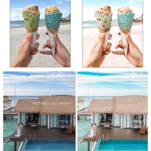 May include: Two ice cream cones with different toppings. One cone is green with red sprinkles and the other is blue with colorful sprinkles. The cones are held by two hands against a beach background.