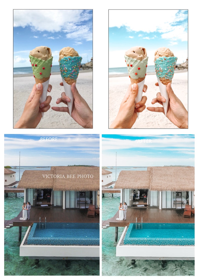 May include: Two ice cream cones with different toppings. One cone is green with red sprinkles and the other is blue with colorful sprinkles. The cones are held by two hands against a beach background.