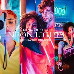Puede incluir: Imagen vibrante con tres personas en un entorno iluminado con neón. Se muestra el texto "NEON LIGHTS", junto con "LIGHTROOM PRESETS" y "VICTORIA BEE PHOTOGRAPHY". La escena está llena de colores brillantes y una estética retro.
