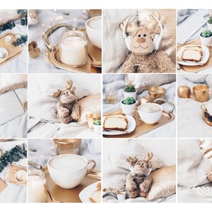 May include: A collage of images featuring a cozy winter scene with a plush reindeer toy, a laptop, candles, coffee, and a tray with a slice of cake. The images are arranged in a grid pattern and feature a soft, warm color palette.