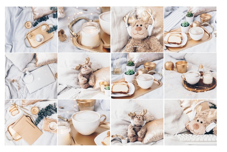 May include: A collage of images featuring a cozy winter scene with a plush reindeer toy, a laptop, candles, coffee, and a tray with a slice of cake. The images are arranged in a grid pattern and feature a soft, warm color palette.
