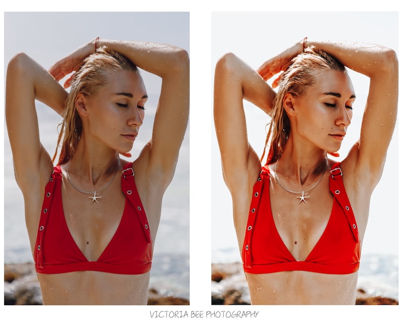 May include: A woman with wet blonde hair is wearing a red bikini top with silver buckles and a silver starfish necklace. The background is a blurred out beach scene.