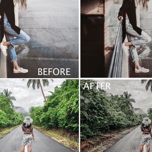 May include: Before and after photo editing comparison. The before image shows a person leaning on a railing in a concrete setting. The after image shows a person walking down a road lined with trees.