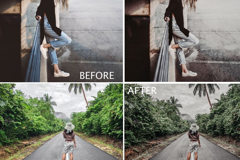 May include: Before and after photo editing comparison. The before image shows a person leaning on a railing in a concrete setting. The after image shows a person walking down a road lined with trees.