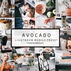 May include: A collage of images showcasing a Lightroom mobile preset called "Avocado". The images feature various lifestyle scenes, including a cup of coffee, a cake with blueberries, a book, a potted plant, and a bedroom with a bedside lamp.
