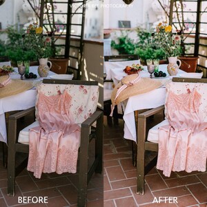 Puede incluir: Una imagen antes y despu&eacute;s que muestra la diferencia en el color y el brillo de una foto. La imagen muestra un vestido de encaje rosa en una silla en un patio con una mesa y sillas. La imagen antes es m&aacute;s oscura y menos vibrante que la imagen despu&eacute;s.