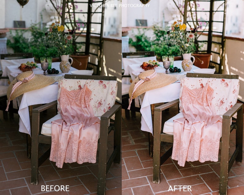 Puede incluir: Una imagen antes y despu&eacute;s que muestra la diferencia en el color y el brillo de una foto. La imagen muestra un vestido de encaje rosa en una silla en un patio con una mesa y sillas. La imagen antes es m&aacute;s oscura y menos vibrante que la imagen despu&eacute;s.