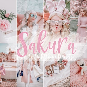 May include: A set of mobile Lightroom presets called "Sakura" with a pink and white color scheme. The presets are shown in a collage of images featuring a woman wearing a pink dress, a woman wearing a pink coat, a woman wearing a pink hat, and a teddy bear on a pink blanket.