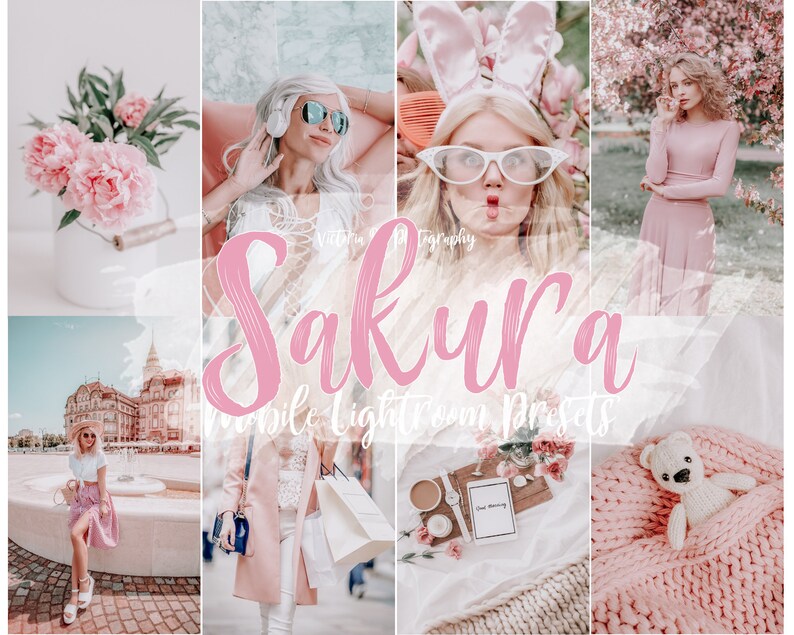 May include: A set of mobile Lightroom presets called "Sakura" with a pink and white color scheme. The presets are shown in a collage of images featuring a woman wearing a pink dress, a woman wearing a pink coat, a woman wearing a pink hat, and a teddy bear on a pink blanket.