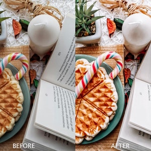 May include: A close-up of a plate of waffles with a candy cane on top. The waffles are light brown and have a waffle pattern. The candy cane is red and white striped. The plate is blue and has a white rim. There is a book in the background with the page number 122 visible. The text on the page is blurry.