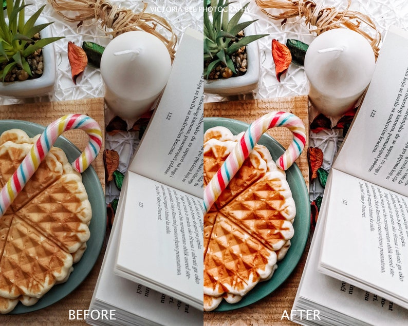 May include: A close-up of a plate of waffles with a candy cane on top. The waffles are light brown and have a waffle pattern. The candy cane is red and white striped. The plate is blue and has a white rim. There is a book in the background with the page number 122 visible. The text on the page is blurry.