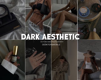 May include: A collage of images with a dark aesthetic. The images include a woman wearing a black top and jeans, a woman wearing a black dress, a cup of coffee, a bottle of perfume, a hand with a ring, a woman wearing a white dress, and a woman wearing a trench coat.