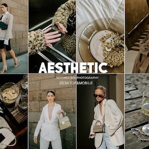 May include: A collage of images featuring a woman wearing a beige blazer and black shorts, a bowl of yogurt with granola, a glass of white wine, a woman wearing a white blazer and white pants, and a woman wearing a beige blazer and blue jeans. The text "AESTHETIC" is displayed in the center of the collage. The text "VICTORIA BEE PHOTOGRAPHY" and "DESKTOP & MOBILE" are displayed below the word "AESTHETIC".