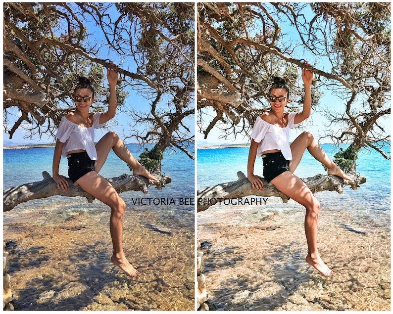 May include: A woman wearing a white off-the-shoulder top, black denim shorts, and sunglasses sits on a tree branch over a body of water. The water is a light blue color and the sky is a bright blue. The text "VICTORIA BEE PHOTOGRAPHY" is visible in the bottom left corner of the image.