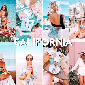 May include: A collage of lifestyle images with a California theme. The images include a woman in a bikini, beauty products, and food and drink. The word "CALIFORNIA" is displayed in large white letters. The images are bright and sunny.