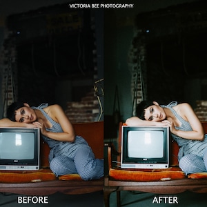 May include: A woman in a blue and white checkered jumpsuit leans against a vintage television set with a red couch behind her. The image is split into two sections, with the left side showing the original image and the right side showing the edited image.
