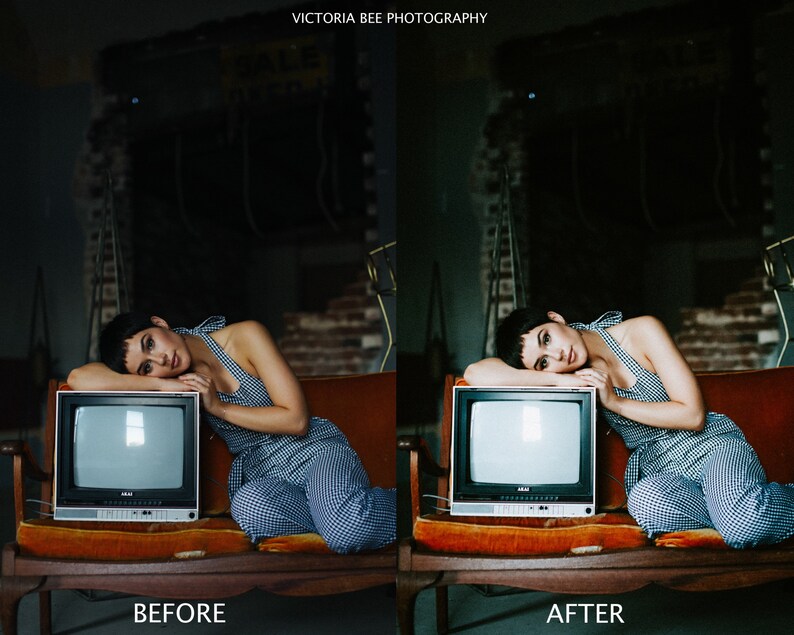 May include: A woman in a blue and white checkered jumpsuit leans against a vintage television set with a red couch behind her. The image is split into two sections, with the left side showing the original image and the right side showing the edited image.