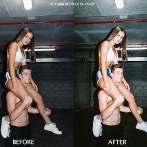 May include: A couple poses in a dimly lit room. The woman is wearing a white sports bra and blue and red shorts. She is sitting on the man's shoulders. The man is wearing black shorts. The text "BEFORE" is at the bottom left of the image and "AFTER" is at the bottom right of the image.