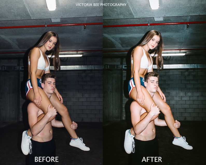 May include: A couple poses in a dimly lit room. The woman is wearing a white sports bra and blue and red shorts. She is sitting on the man's shoulders. The man is wearing black shorts. The text "BEFORE" is at the bottom left of the image and "AFTER" is at the bottom right of the image.