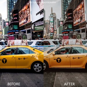 May include: A yellow New York City taxi cab with the words "NYC" and "T" on the side. The taxi is parked on a street in front of a busy city background.