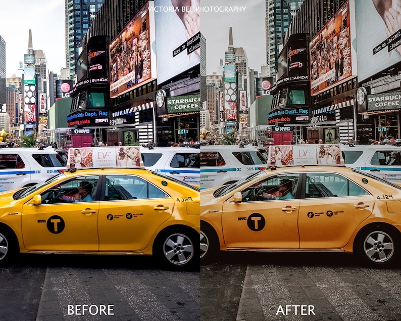 May include: A yellow New York City taxi cab with the words "NYC" and "T" on the side. The taxi is parked on a street in front of a busy city background.