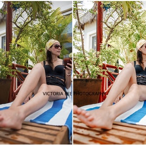 May include: A woman wearing a yellow headscarf and sunglasses relaxes on a striped beach towel with a glass of red drink in her hand. The text "VICTORIA BEE PHOTOGRAPHY" is visible in the image.