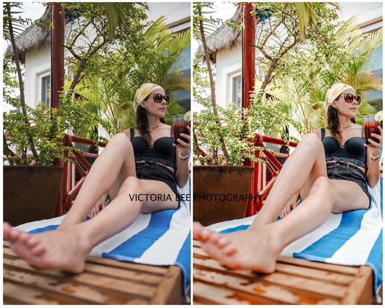 May include: A woman wearing a yellow headscarf and sunglasses relaxes on a striped beach towel with a glass of red drink in her hand. The text "VICTORIA BEE PHOTOGRAPHY" is visible in the image.