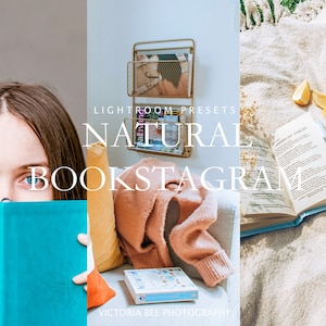 May include: A collage of three images showcasing a natural lightroom preset for bookstagram. The first image shows a person holding a blue book in front of their face. The second image shows a pink sweater on a couch with a book and a gold magazine rack. The third image shows a book, lemons, and a glass bottle on a white blanket.