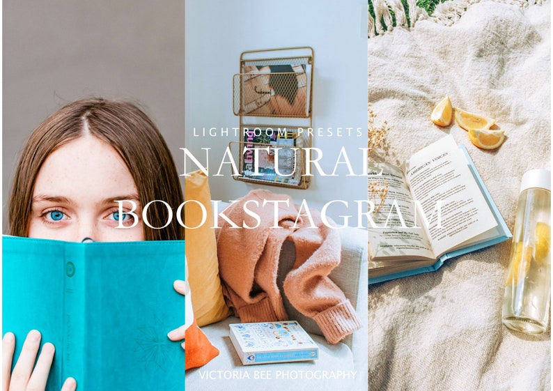 May include: A collage of three images showcasing a natural lightroom preset for bookstagram. The first image shows a person holding a blue book in front of their face. The second image shows a pink sweater on a couch with a book and a gold magazine rack. The third image shows a book, lemons, and a glass bottle on a white blanket.