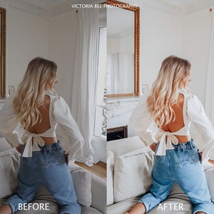 May include: A woman wearing a white crop top with a bow in the back and blue jeans. The top is tied in a bow at the back. The woman is sitting on a white couch. The image is split into two sections, with the left side showing the woman before editing and the right side showing the woman after editing.