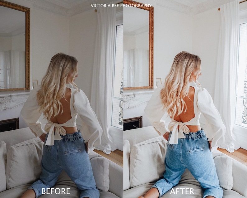 May include: A woman wearing a white crop top with a bow in the back and blue jeans. The top is tied in a bow at the back. The woman is sitting on a white couch. The image is split into two sections, with the left side showing the woman before editing and the right side showing the woman after editing.
