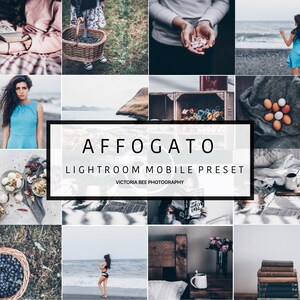 May include: A collage of images showcasing a Lightroom Mobile preset called "Affogato" by Victoria Bee Photography. The images feature a variety of subjects, including nature, food, and people.