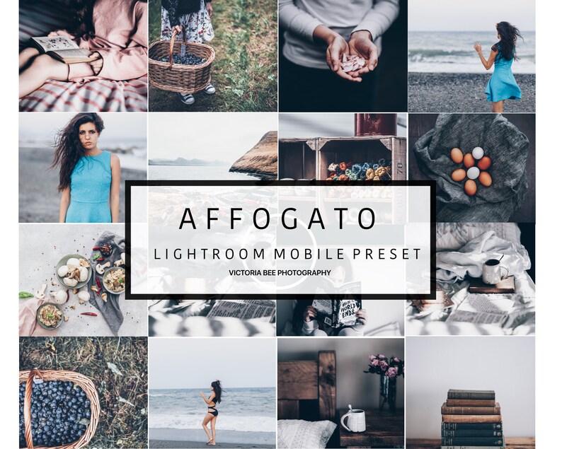 May include: A collage of images showcasing a Lightroom Mobile preset called "Affogato" by Victoria Bee Photography. The images feature a variety of subjects, including nature, food, and people.