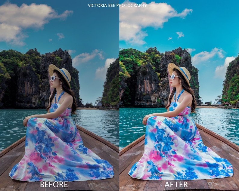 May include: A woman in a floral dress and a straw hat sits in a longtail boat in a tropical bay. The water is turquoise and the sky is blue with white clouds. The woman is looking out at the view.