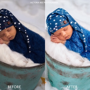 May include: A newborn baby wearing a blue and white star patterned hat sleeps in a blue fuzzy blanket inside a teal bucket.