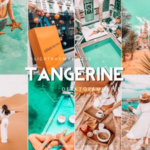 Könnte beinhalten: Eine Sammlung von 15 Lightroom-Presets namens "Tangerine" für Desktop und mobile Geräte. Die Presets sind so konzipiert, dass Fotos ein warmes, orangenes und lebendiges Aussehen erhalten. Das Bild zeigt eine Vielzahl von Fotos, die mit den Presets bearbeitet wurden, darunter Fotos von Stränden, Pools und Landschaften.