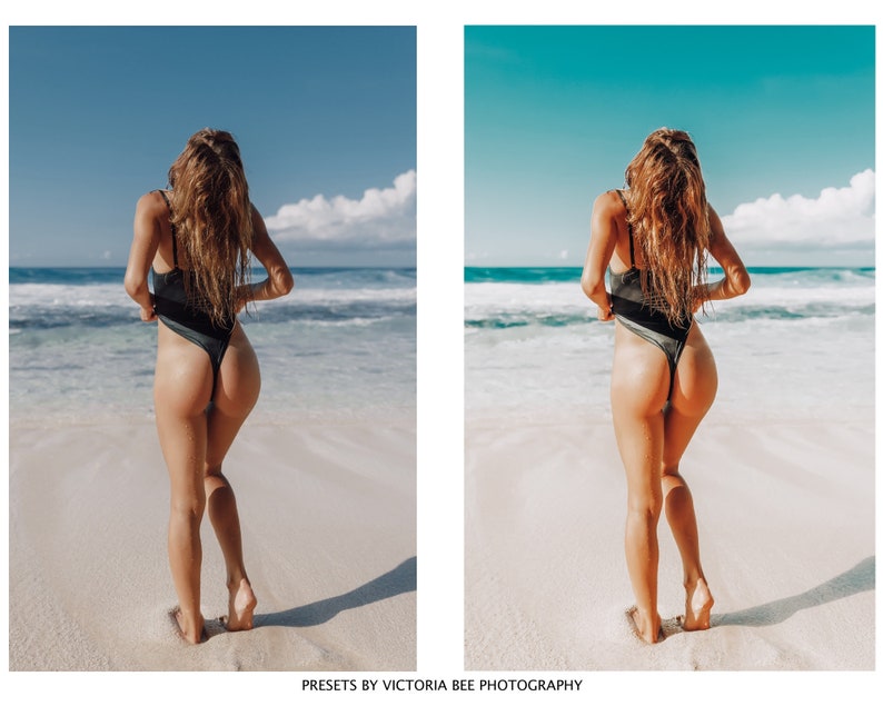 May include: A woman in a black swimsuit stands on a white sandy beach with blue ocean waves in the background.