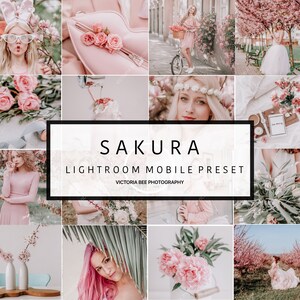 May include: A collage of images featuring pink cherry blossoms, a woman wearing a pink dress, and a woman wearing a white dress. The text "SAKURA LIGHTROOM MOBILE PRESET VICTORIA BEE PHOTOGRAPHY" is displayed in the center of the collage.