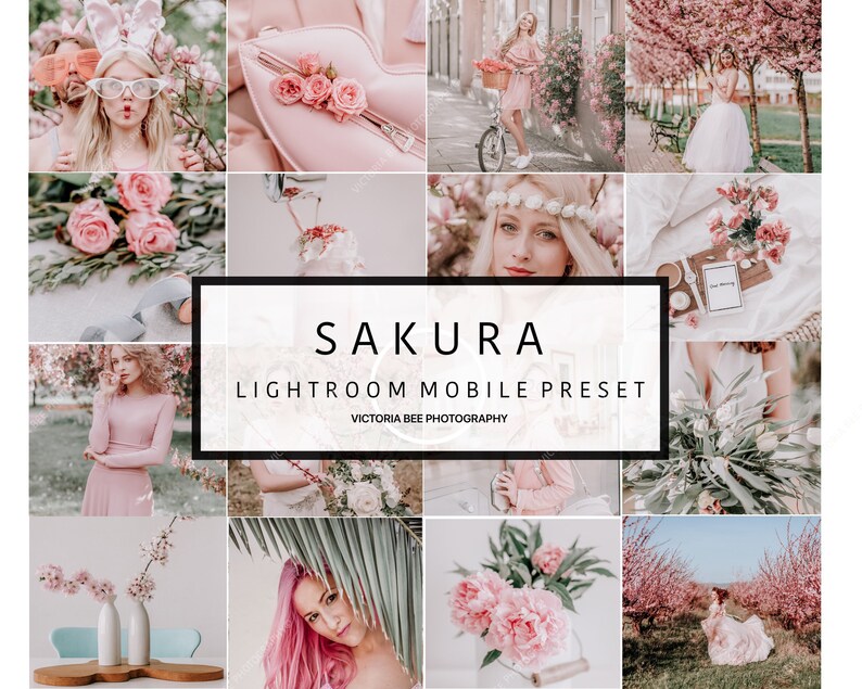 May include: A collage of images featuring pink cherry blossoms, a woman wearing a pink dress, and a woman wearing a white dress. The text "SAKURA LIGHTROOM MOBILE PRESET VICTORIA BEE PHOTOGRAPHY" is displayed in the center of the collage.
