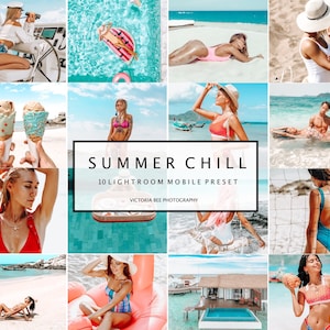May include: A collage of photos featuring people enjoying summer activities, such as swimming, sunbathing, and eating ice cream. The photos are arranged in a grid pattern and have a bright, colorful aesthetic. The text "SUMMER CHILL 10 LIGHTROOM MOBILE PRESET VICTORIA BEE PHOTOGRAPHY" is displayed in the center of the collage.