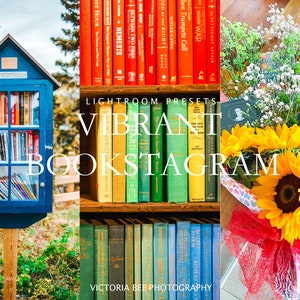 May include: A set of Lightroom presets for creating vibrant bookstagram photos. The presets are called "Vibrant Bookstagram" and are presented with images of bookshelves, a little free library, and a bouquet of sunflowers with a book.